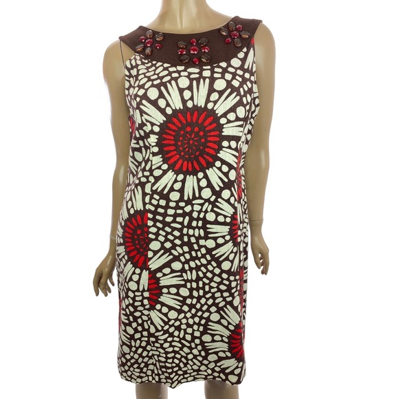 Jessica Howard Sheath Dress Sz 12P Sleeveless Brown/White/Red Design Linen Blend - Picture 1 of 6